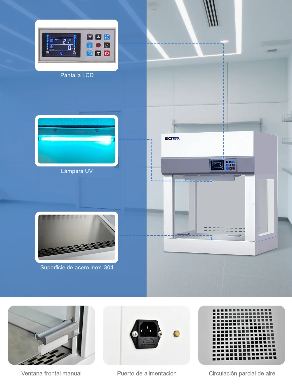 Campana de extracción compacta FMH-500II, detalles: pantalla LCD, lámpara UV, superficie de acero inoxidable 304, ventana frontal manual, puerto de alimentación y circulación parcial de aire